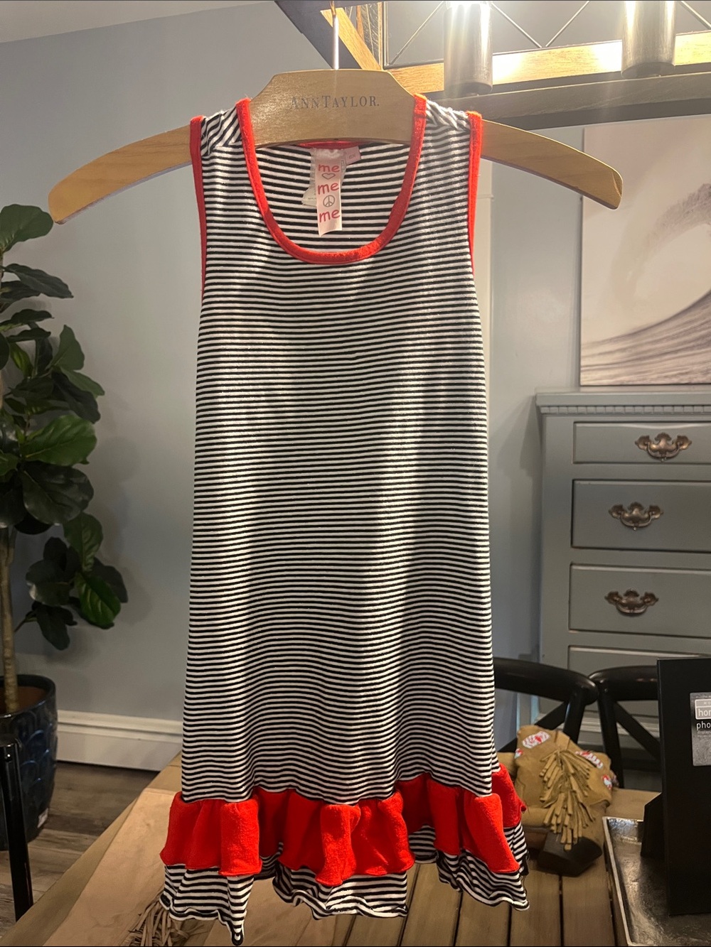 ME Makeover Essentials Black & White Striped Tank Dress with Red Trim